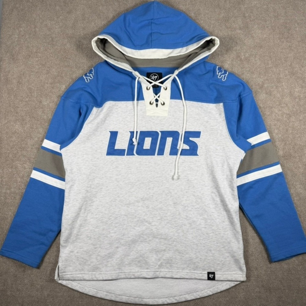 Detroit‎ Lions '47 Brand Mens Gridiron Lace Up Hoodie Size Medium NFL Sweatshirt